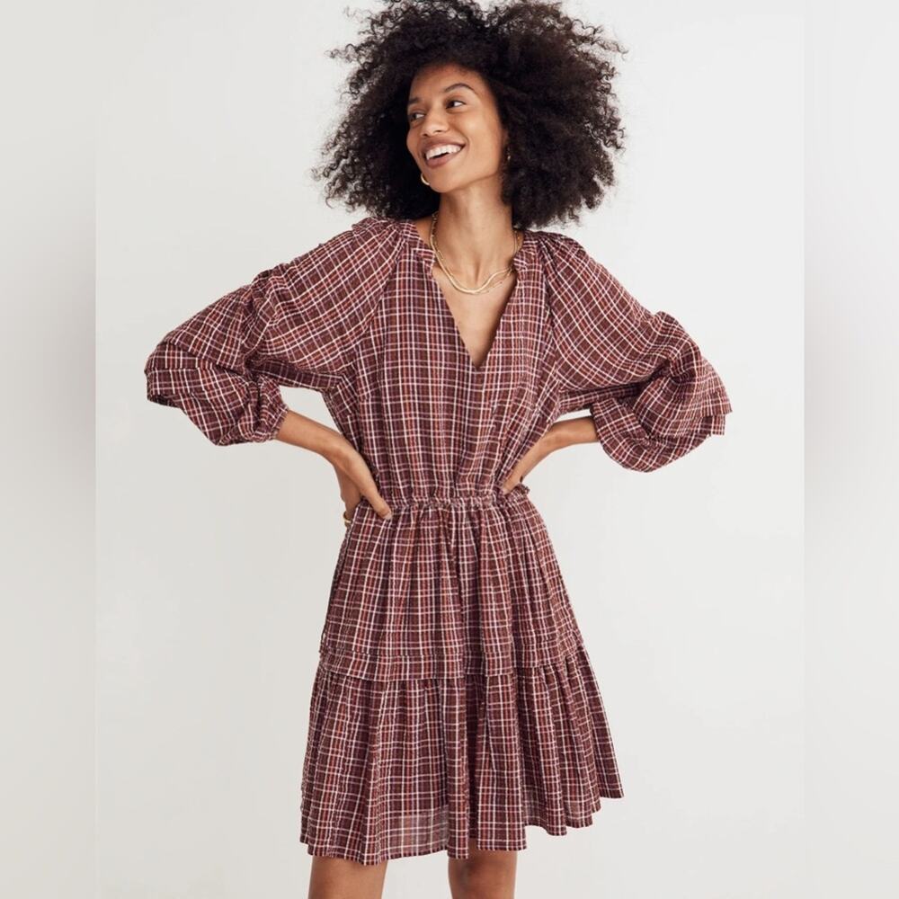 Madewell Seersucker Wrap Mini Dress Burgundy Plaid Print Pockets Size Small